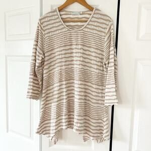 Lulu-B Taupe Cream & White Stripe Textured Tunic Blouse 3/4 Sleeve Size Large